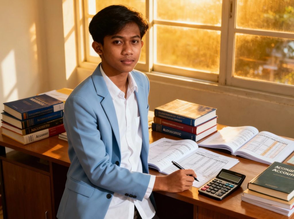 Seorang pria muda berpakaian blazer biru muda dan kemeja putih sedang belajar di meja kayu di bawah cahaya matahari dari jendela. Dia menulis di buku catatan di samping kalkulator dan tumpukan buku yang tebal (berjudul "Accounting").